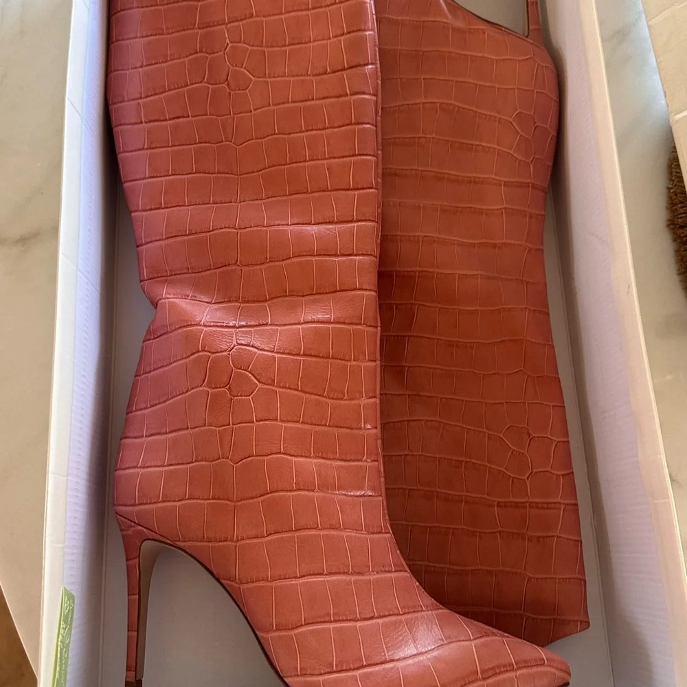 SCHUTZ Women's Croc-Embossed Coral Heeled Boots - Picture 2 of 9